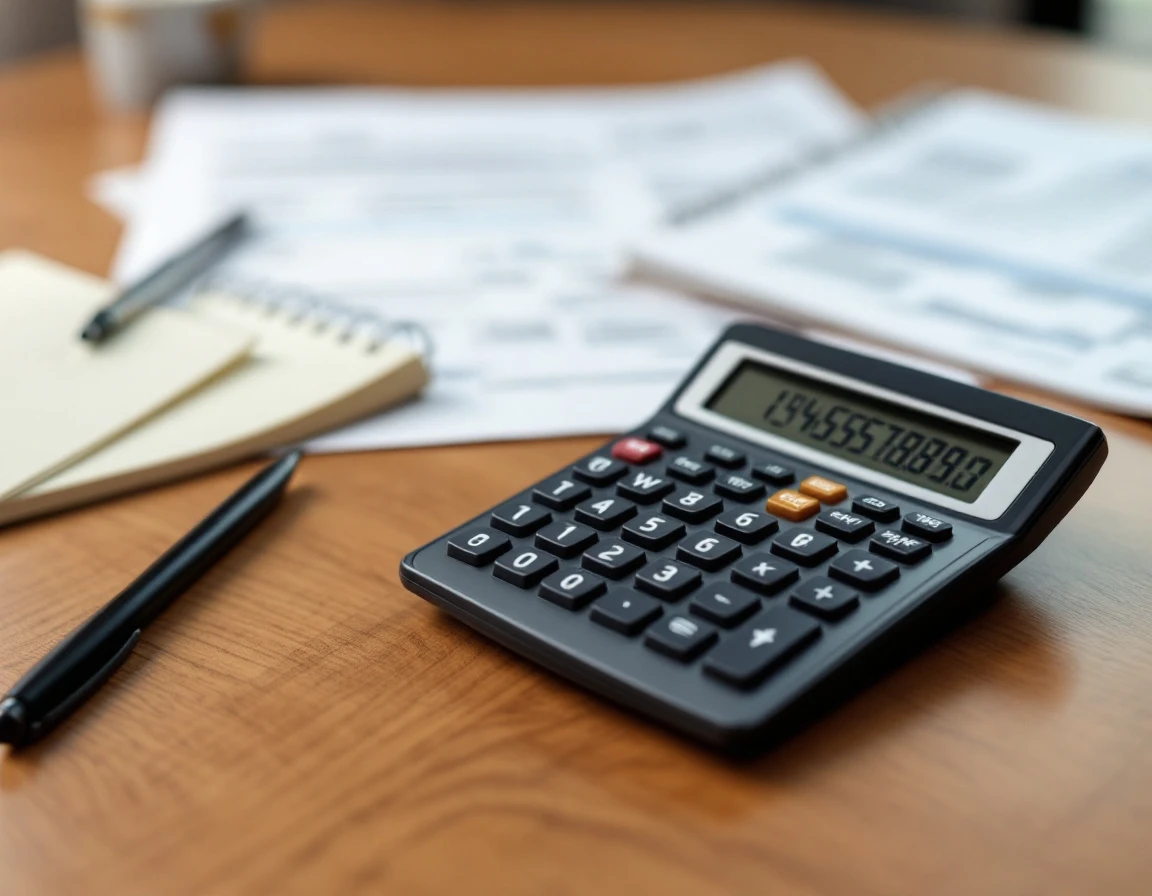 Calculator and blurred financial documents on desk for small business payroll cost calculations