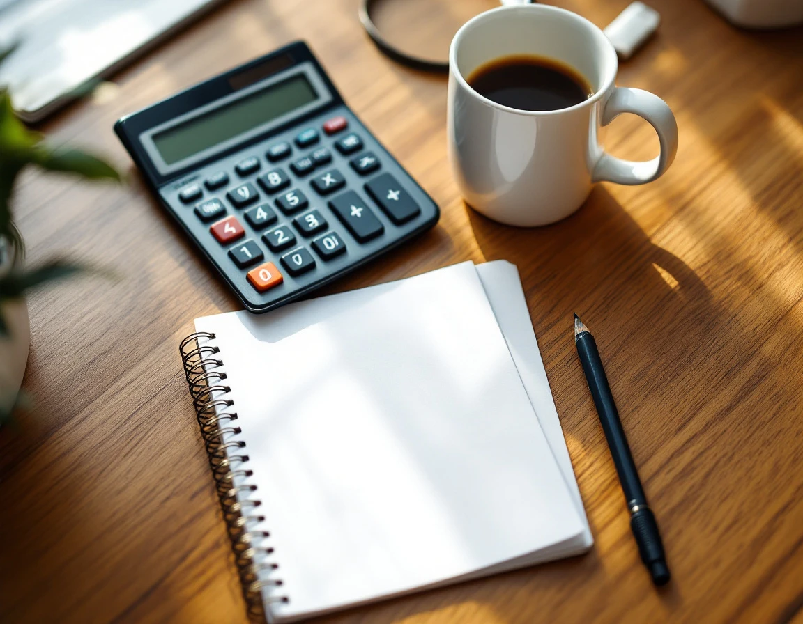 Calculator and blank notebook on wooden desk for small business tax documentation and payroll preparation