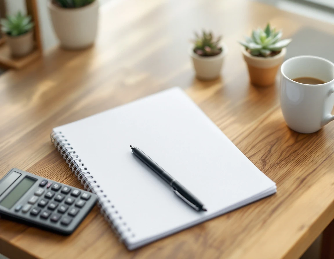 Clean desk workspace with calculator, blank notepad, pens, and coffee mug arranged for quarterly tax preparation