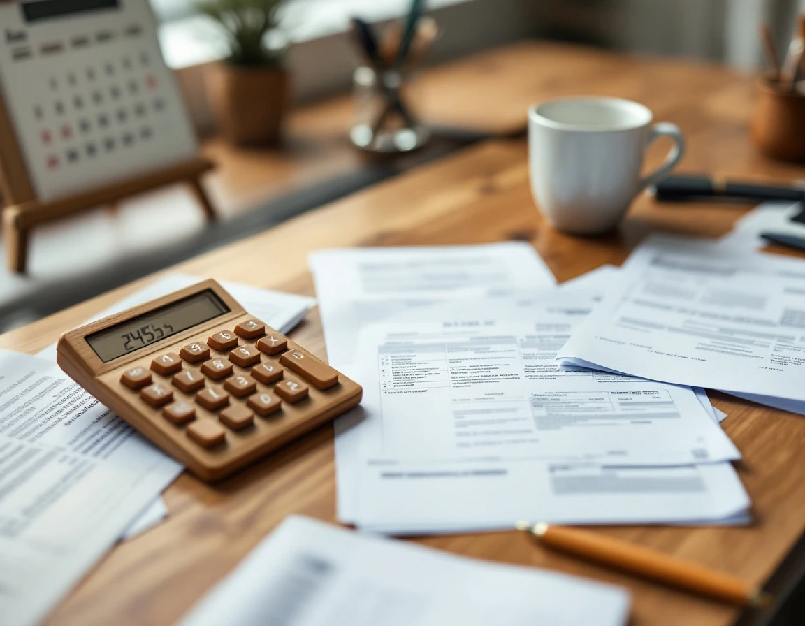 Wooden desk with calculator and blurred tax papers arranged for quarterly filing preparation