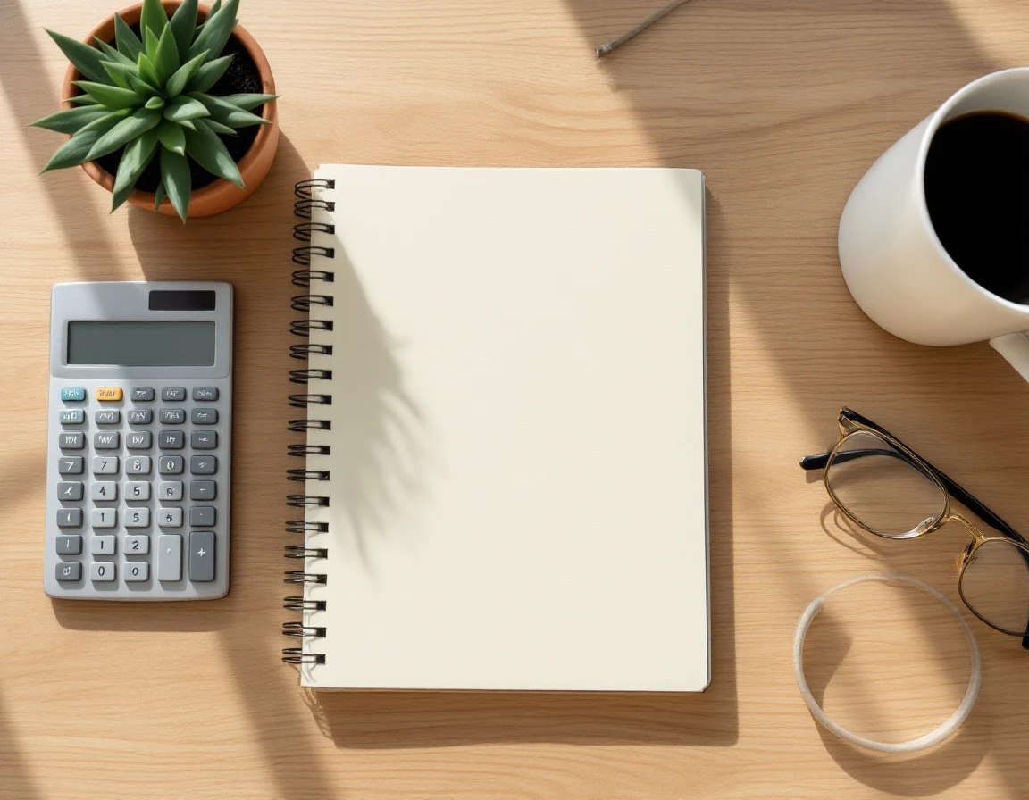 Organized desk with blank notebook, calculator, and coffee mug in natural window light for tax preparation