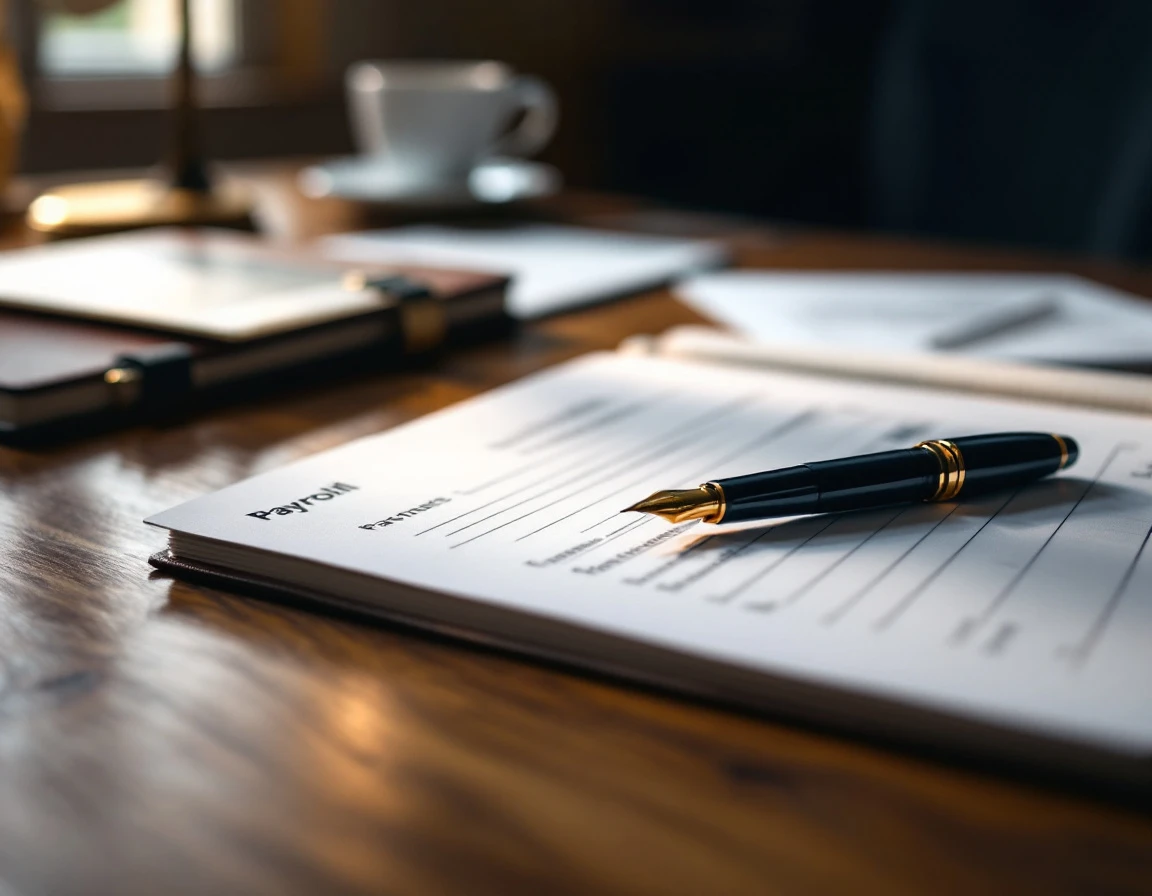 Close-up of fountain pen and notebook on wooden desk in small business payroll compliance workspace
