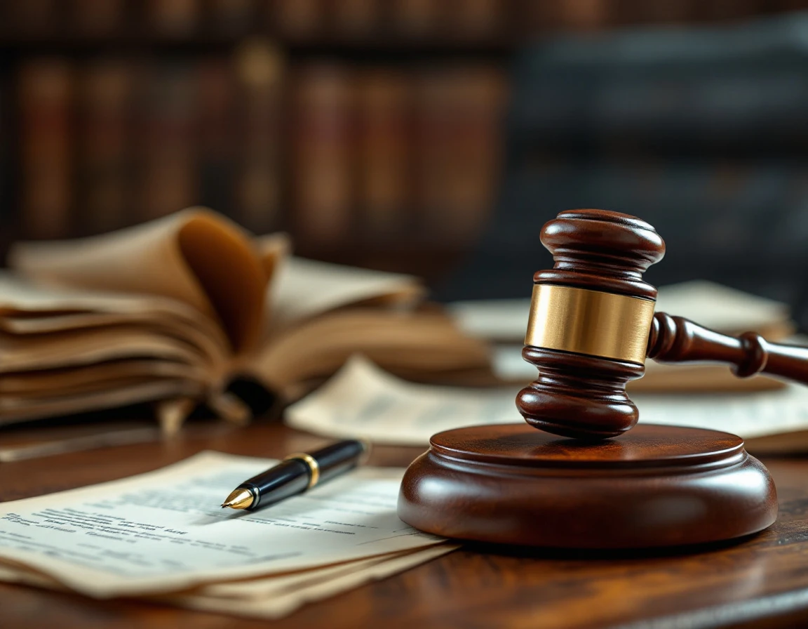 Judge's gavel on wooden block surrounded by legal files and documents representing wage-and-hour lawsuits