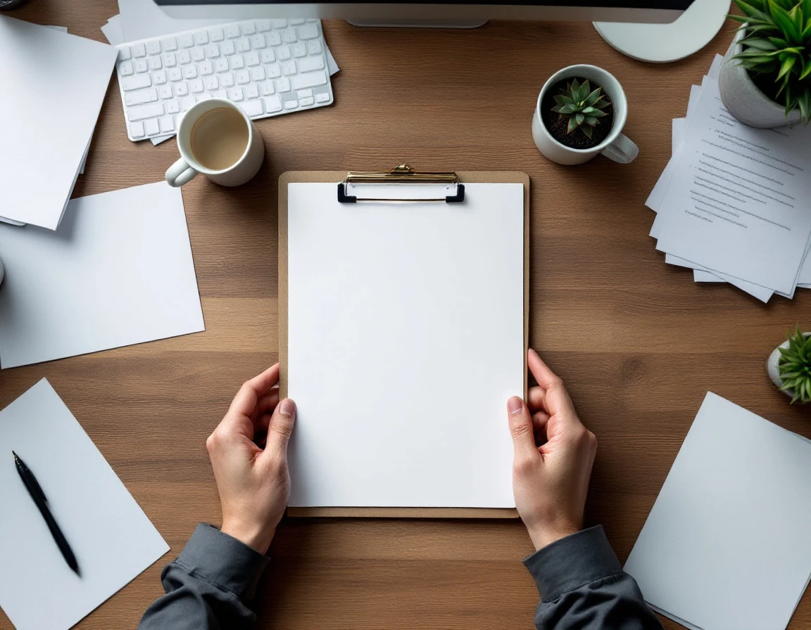 Overhead view of hands reviewing blank audit checklist with keyboard and coffee on organized desk workspace