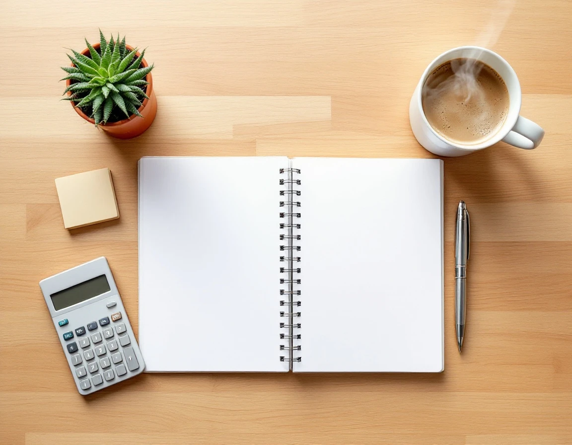 Organized desk workspace with notebook, calculator, and coffee showing tax deadline preparation essentials