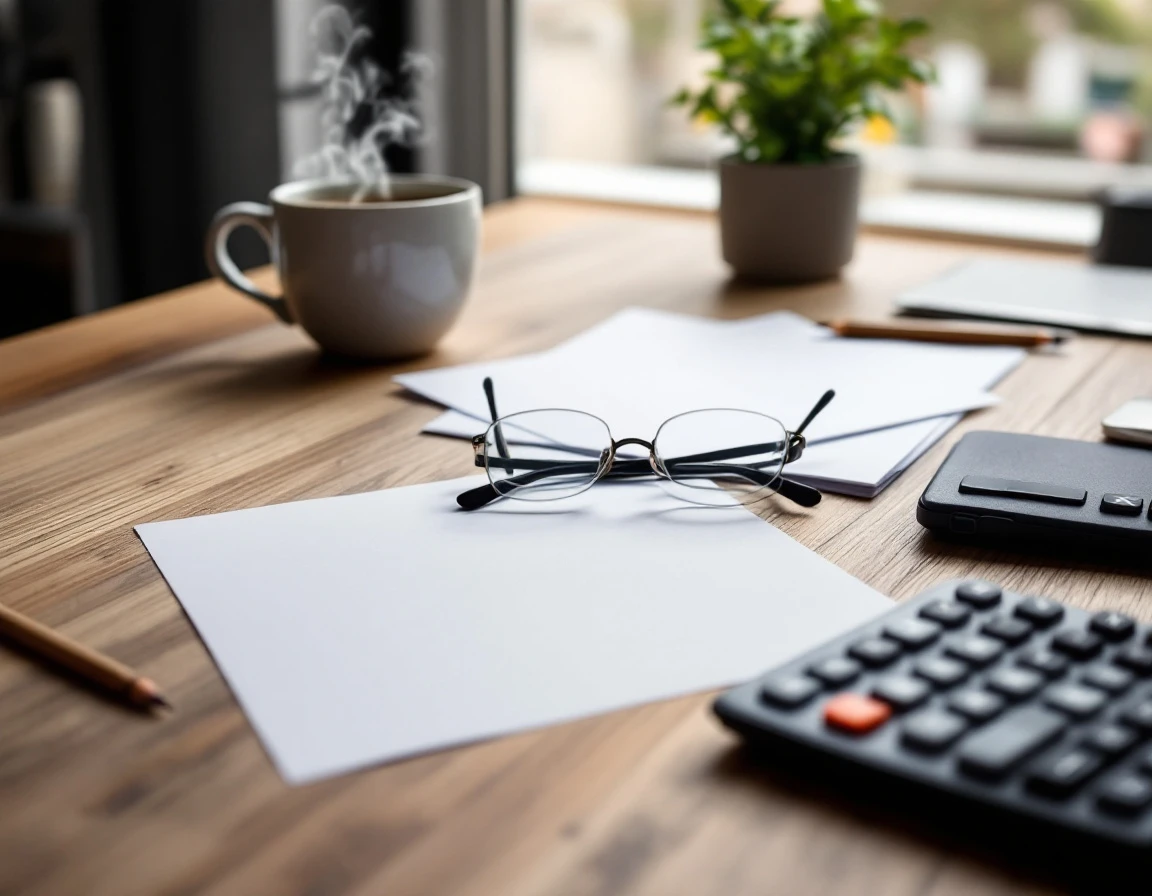 Organized desk with tax preparation materials including calculator, blank papers, and coffee mug in natural light