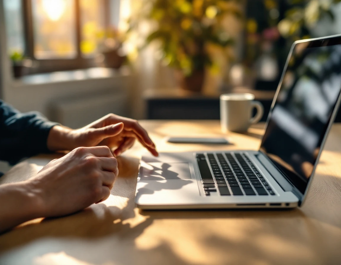 Hands positioned on desk beside laptop during employee benefits planning discussion
