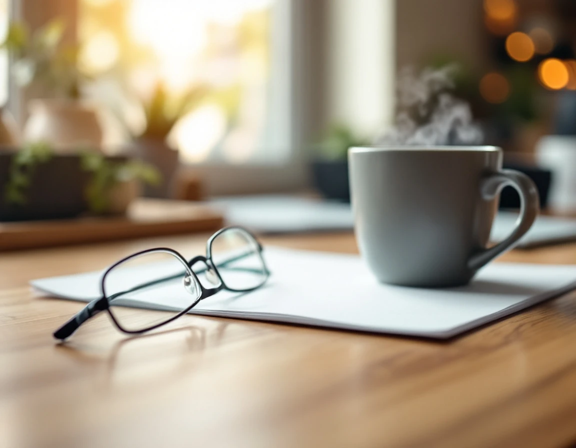 Workspace desk with coffee, glasses, and document edge showing benefits planning environment