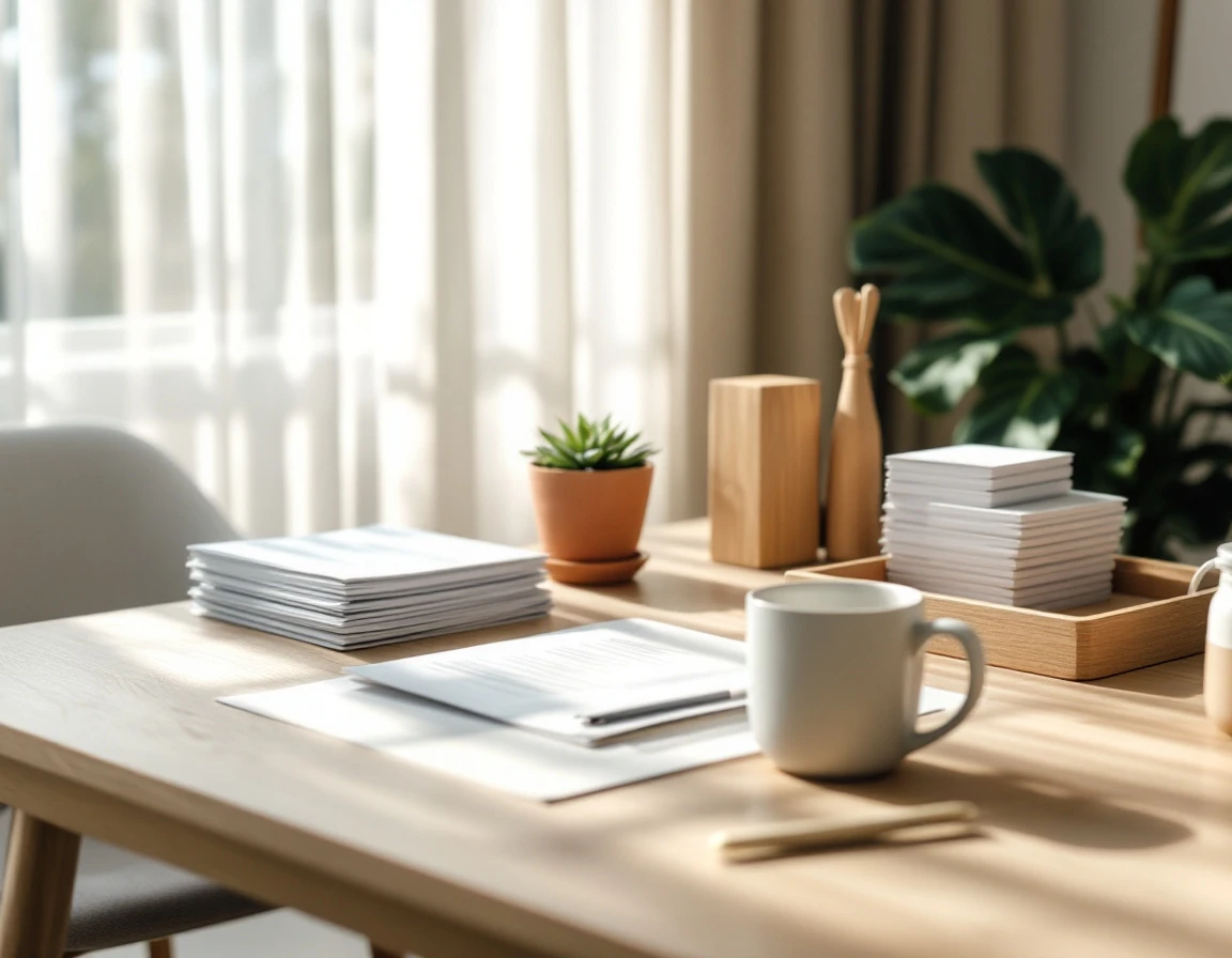 Organized desk with wellness materials and benefit planning documents in a minimalist office workspace