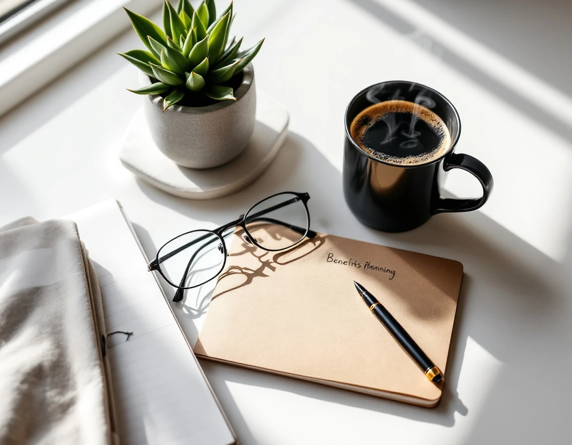 Overhead view of organized desk workspace with notebook, coffee, succulent plant, and eyeglasses for benefits planning