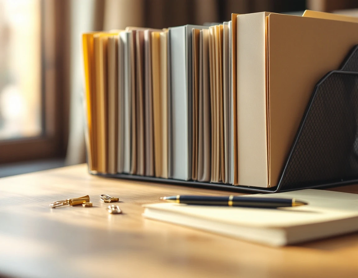 Organized file folders and office supplies on a desk representing benefits documentation and HR compliance materials