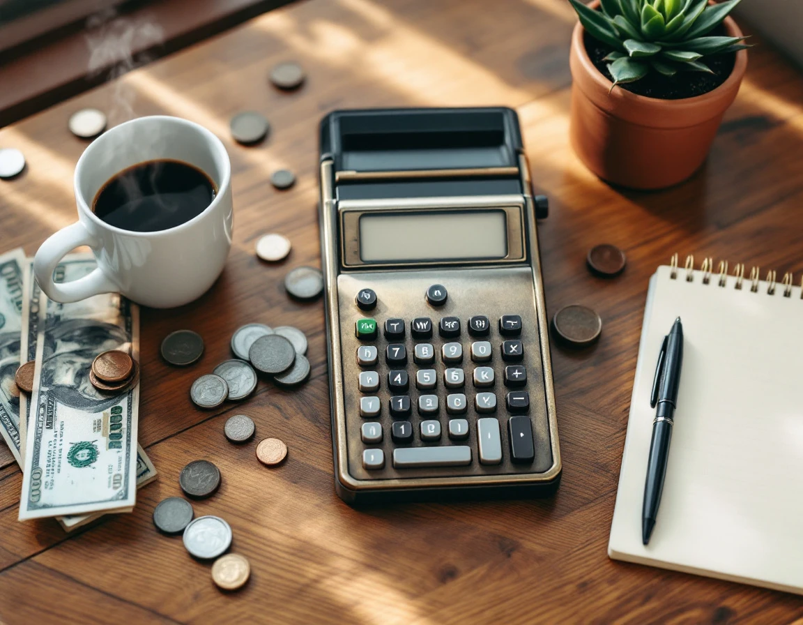 Calculator, coins, and coffee on wooden desk representing Q4 payroll budget planning workspace