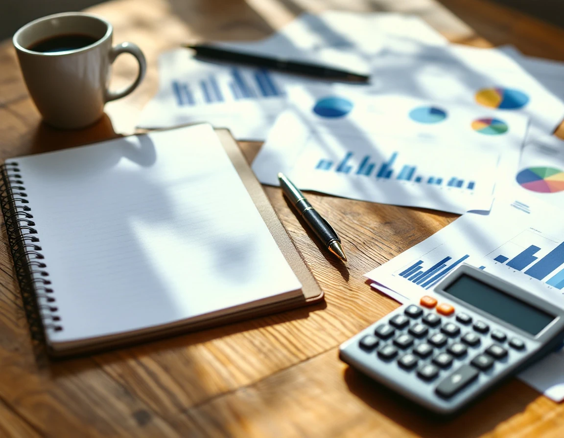 Wooden desk with financial charts, calculator, coffee mug, and notebook for holiday payroll planning
