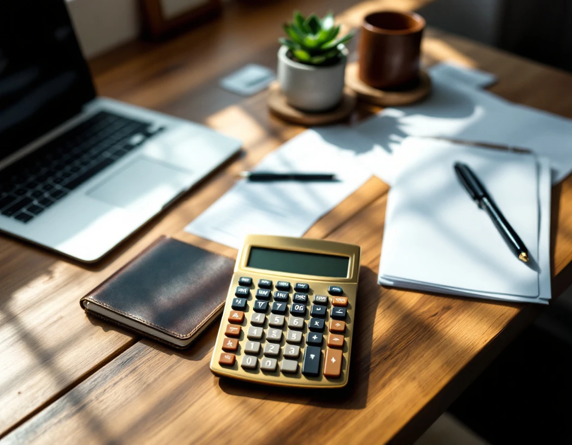 Professional desk workspace with calculator, coffee mug, succulent, and blank papers for payroll tax planning