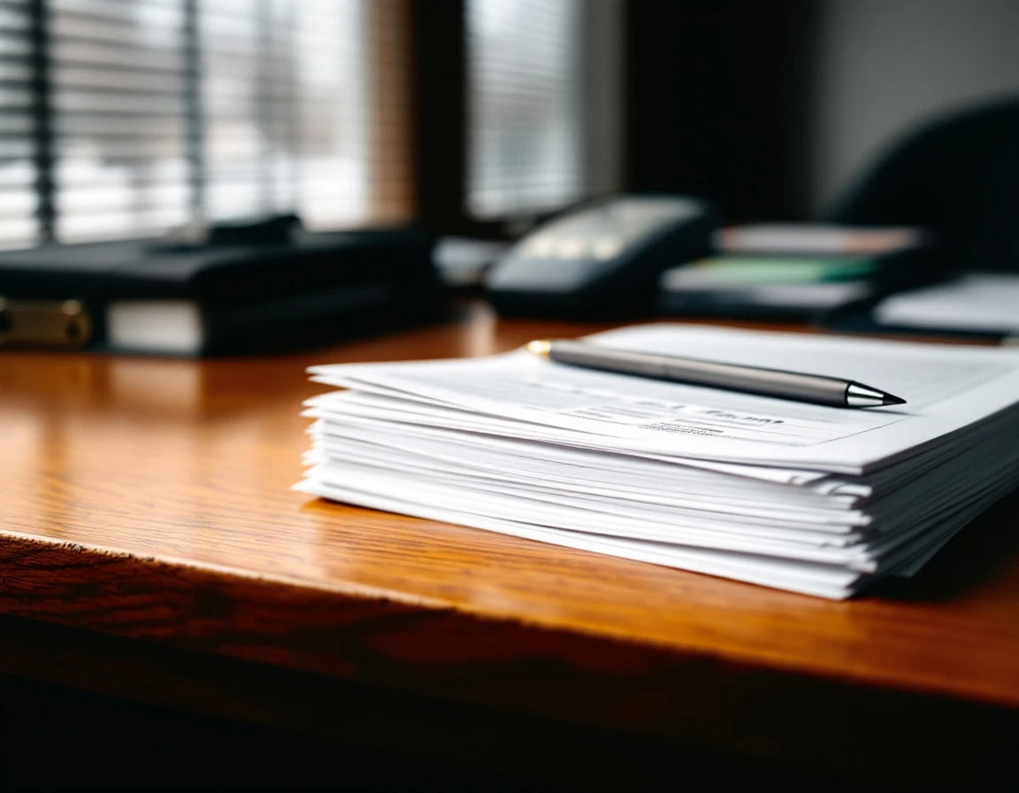 Tax forms stacked on office desk with pencil and natural lighting