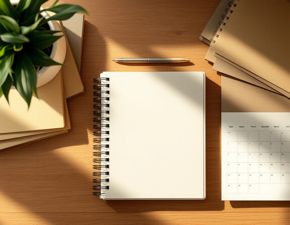 Overhead view of organized desk with folders, notebook, and calendar representing tax deadline preparation