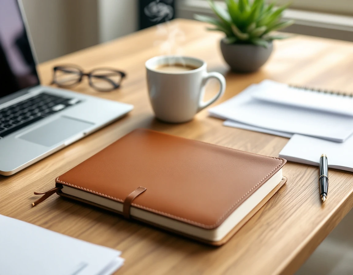 Professional desk workspace with closed notebook, laptop, coffee, and office supplies on wooden surface