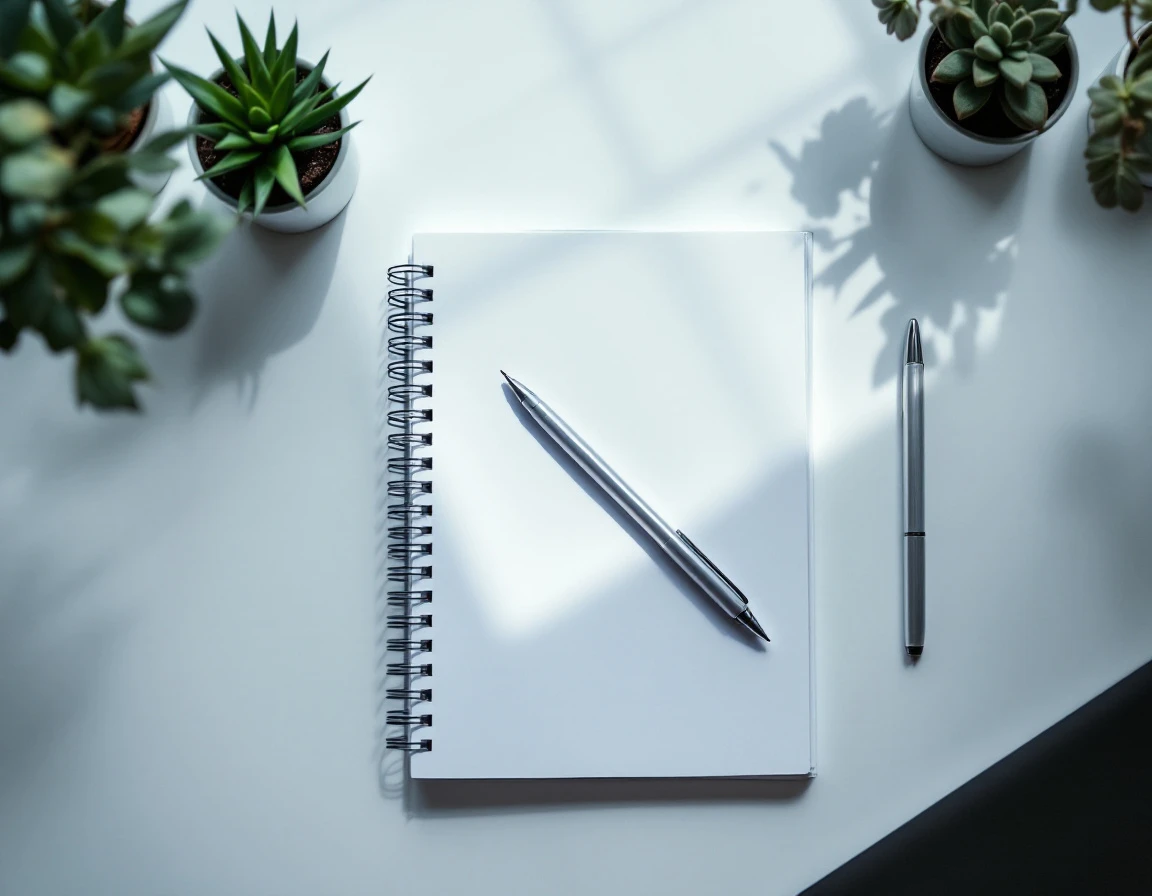 Clean workspace with blank notepad, pen, and plants ready for onboarding checklist planning