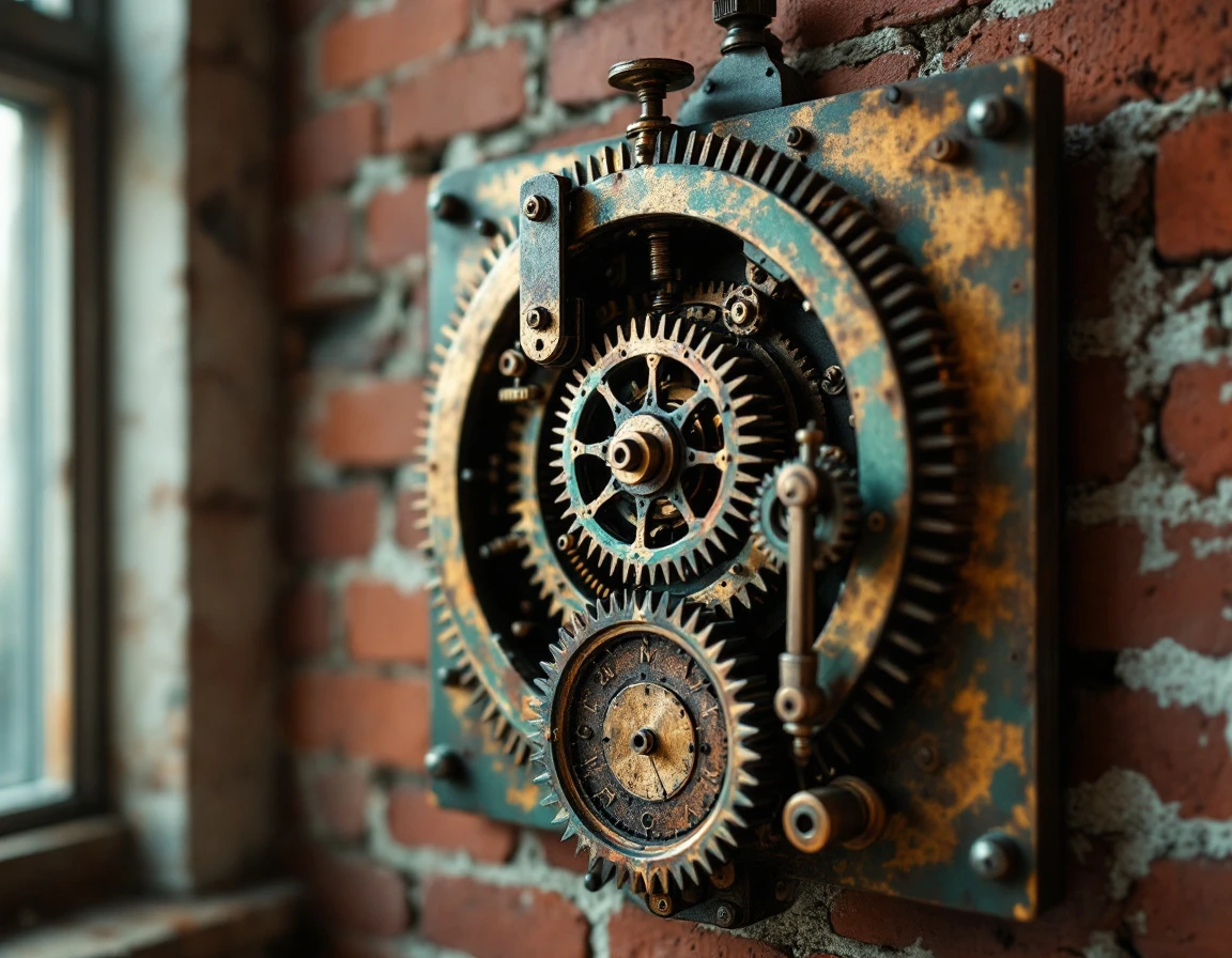 Antique brass time clock mechanism with weathered gears mounted on brick wall