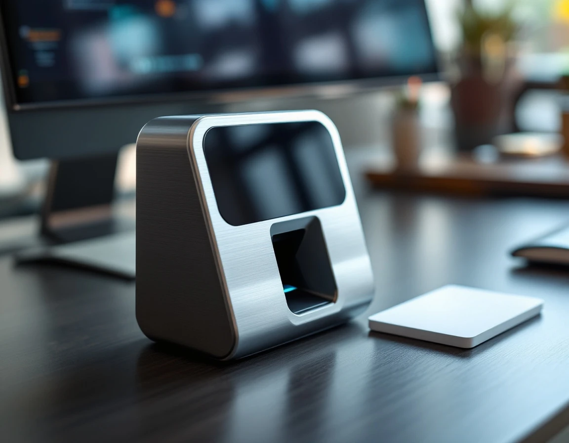 Biometric fingerprint scanner and access card on office desk with natural window lighting