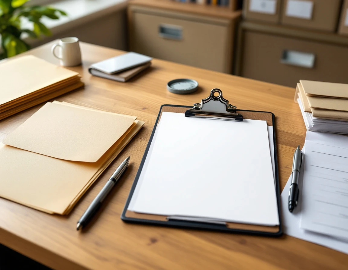 Organized compliance filing system with blank papers and folders on wooden desk