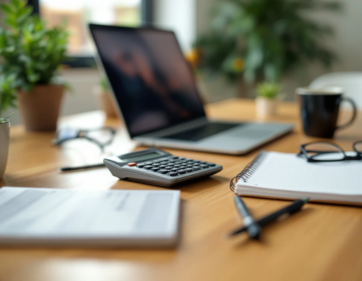 Small business office desk with calculator and compliance tracking workspace materials