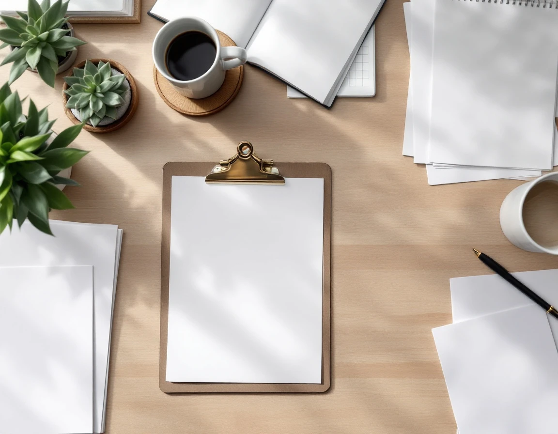 Overhead view of organized desk workspace with blank clipboard, coffee, plants, and office supplies