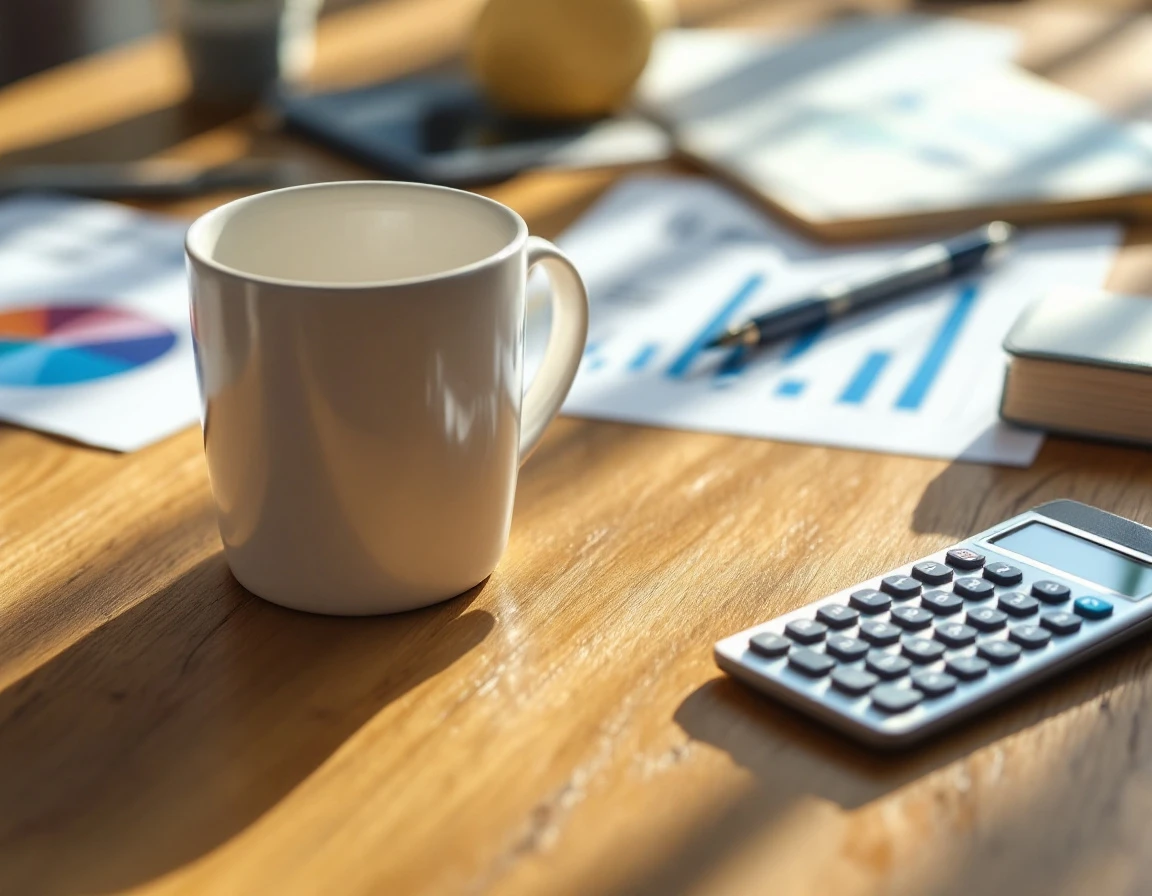 Coffee mug and calculator on wooden desk with morning sunlight and blurred financial papers in background