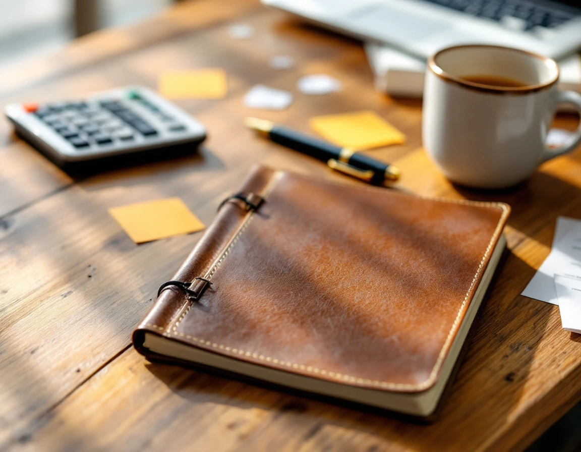 Wooden desk with business planning materials, calculator, and coffee mug in natural morning light