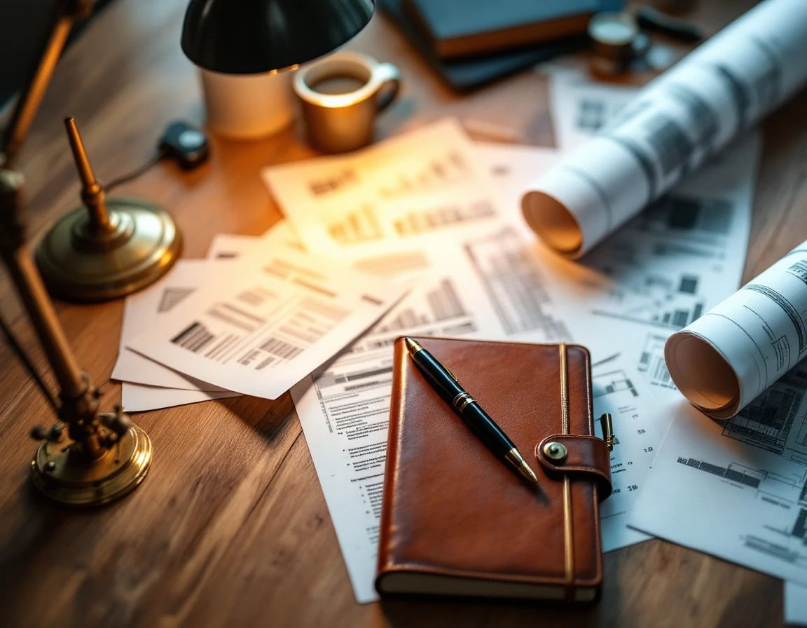 Wooden desk with ledger, blueprints, and papers under warm lamp light in small business office
