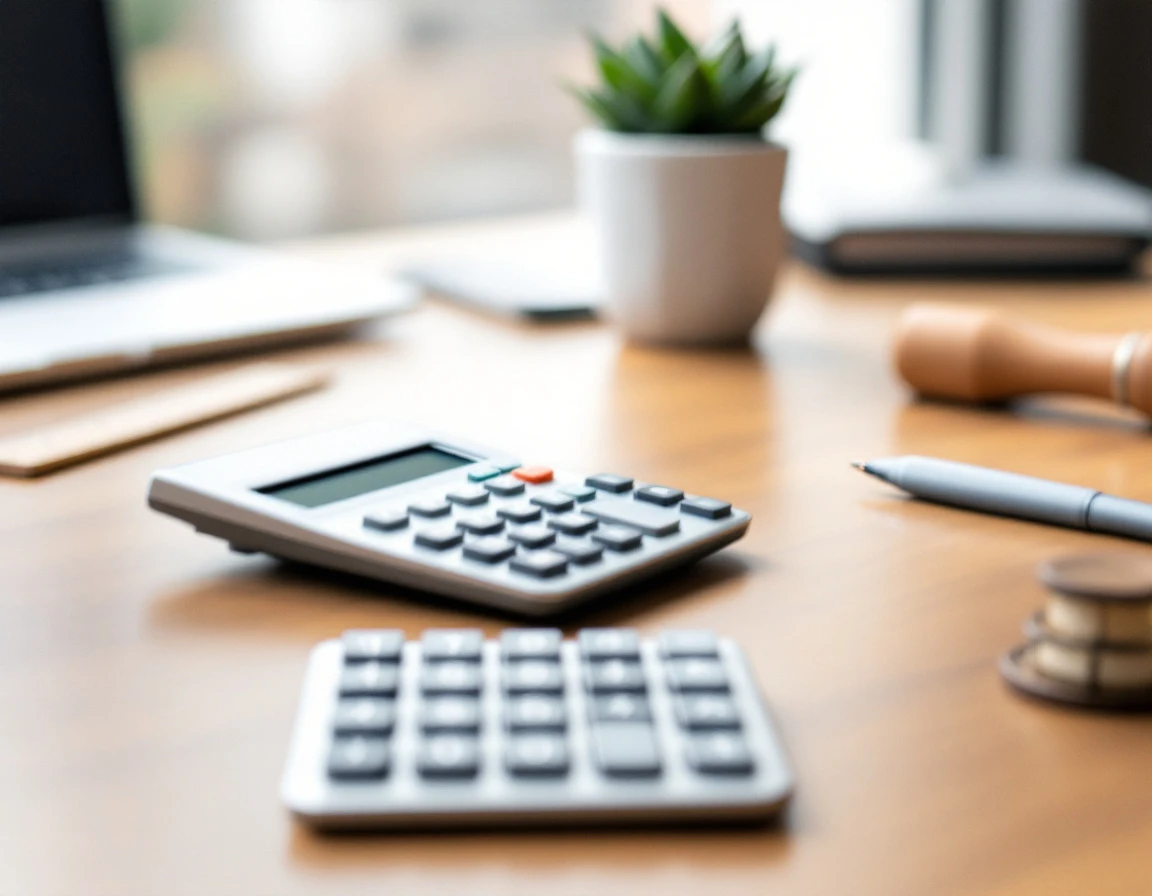 Calculator and office supplies on wooden desk suggesting payroll calculation precision