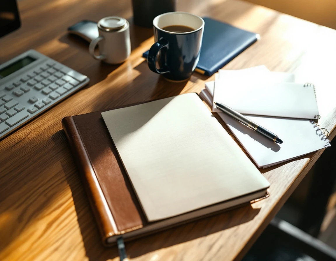 Payroll compliance workspace with ledger book, coffee mug, and office supplies on wooden desk