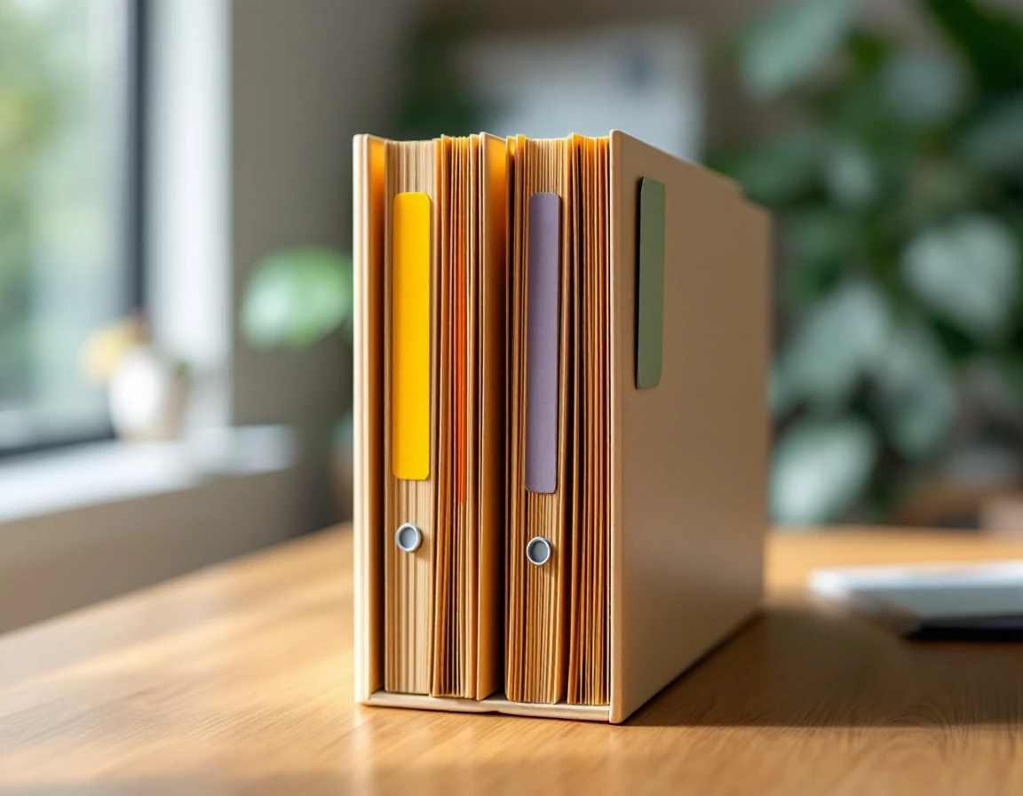 Organized manila file folders with color-coded tabs in desktop filing system on wooden office desk