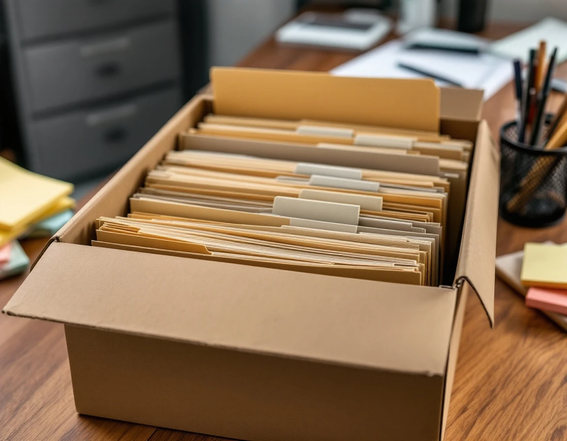 Organized filing system with manila folders and document storage boxes on wooden office desk