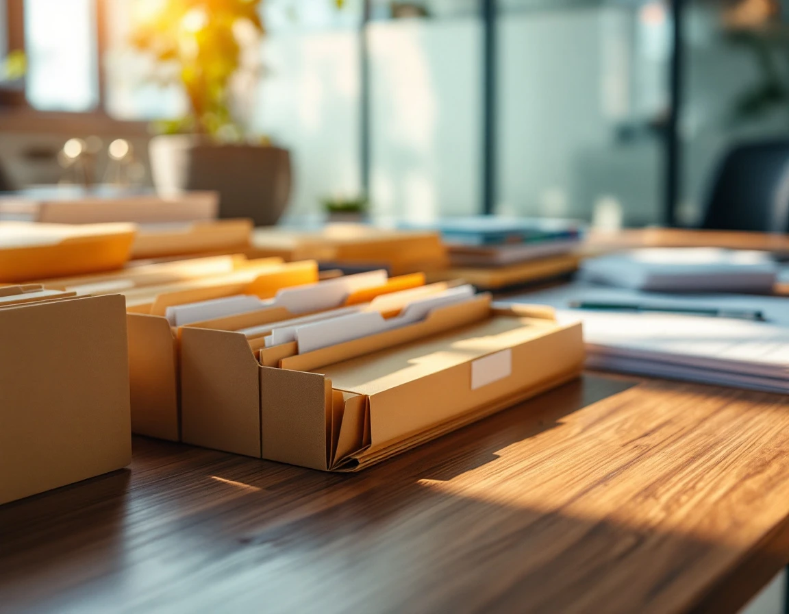 Organized employee files and folders on wooden desk with natural window lighting in professional office workspace