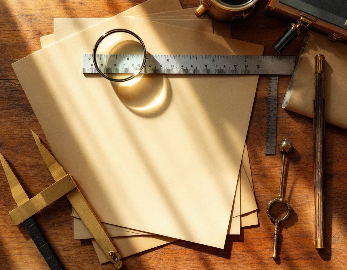 Brass calipers and measuring tools on wooden desk with blank papers suggesting precision business analysis