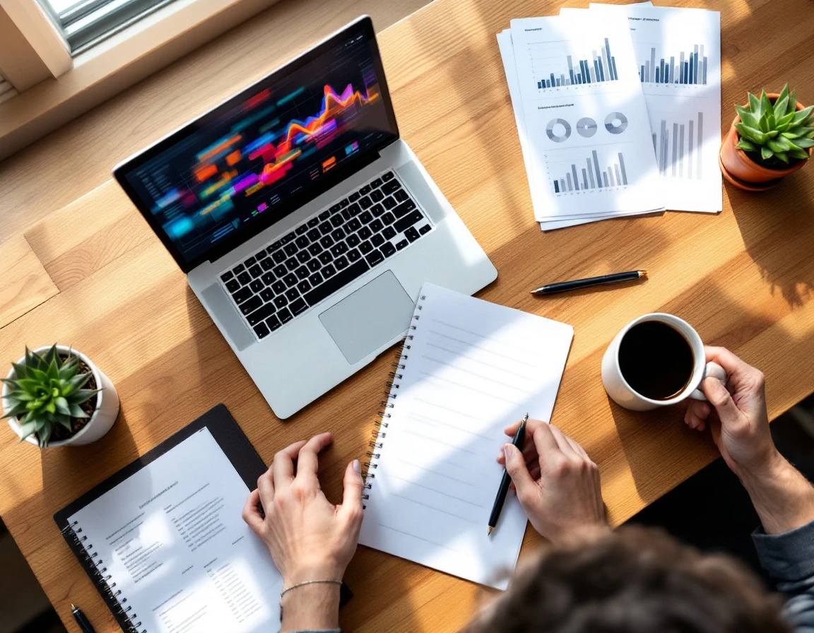 Workspace desk showing laptop with blurred analytics charts, coffee mug, notebook, and documents for business planning