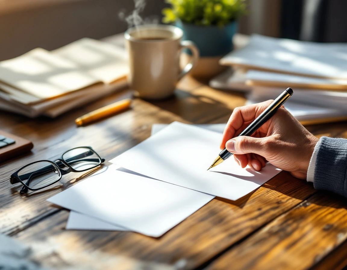 Hands holding pen over blank paper on wooden desk with coffee and glasses for tax planning