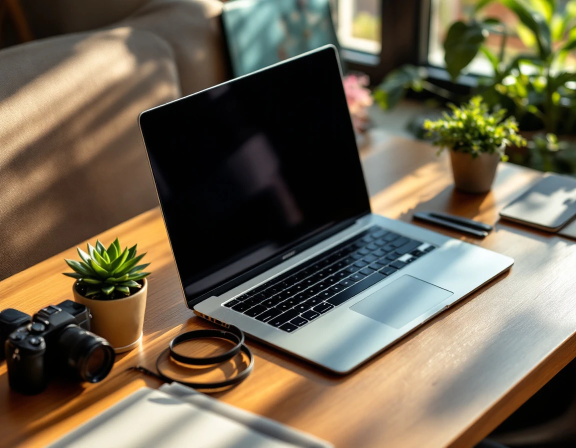 Business equipment including laptop, camera, and office supplies arranged on wooden desk