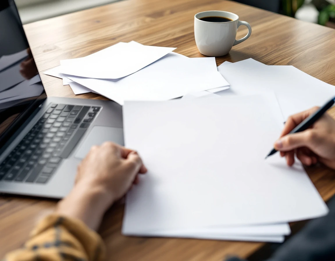 Business manager reviewing blank hiring documentation and folders on wooden desk with natural lighting