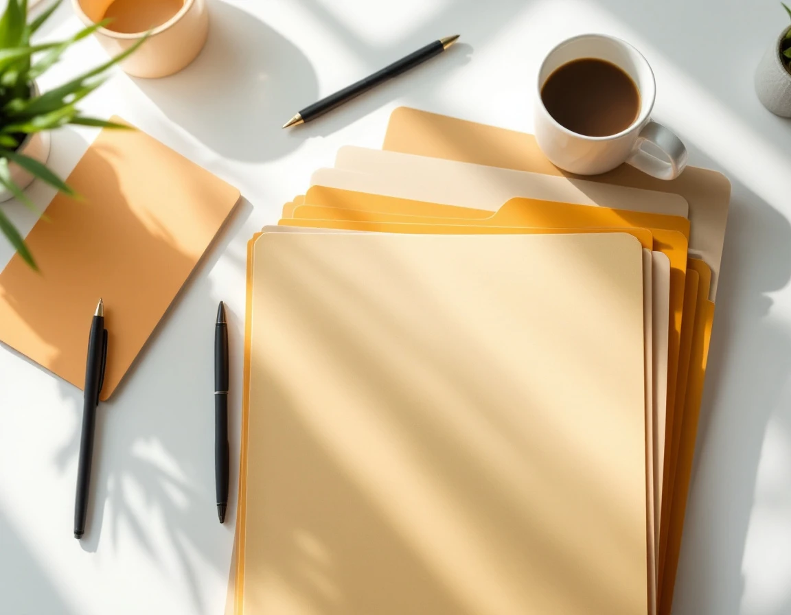 Organized manila folders and office supplies arranged on a professional desk workspace