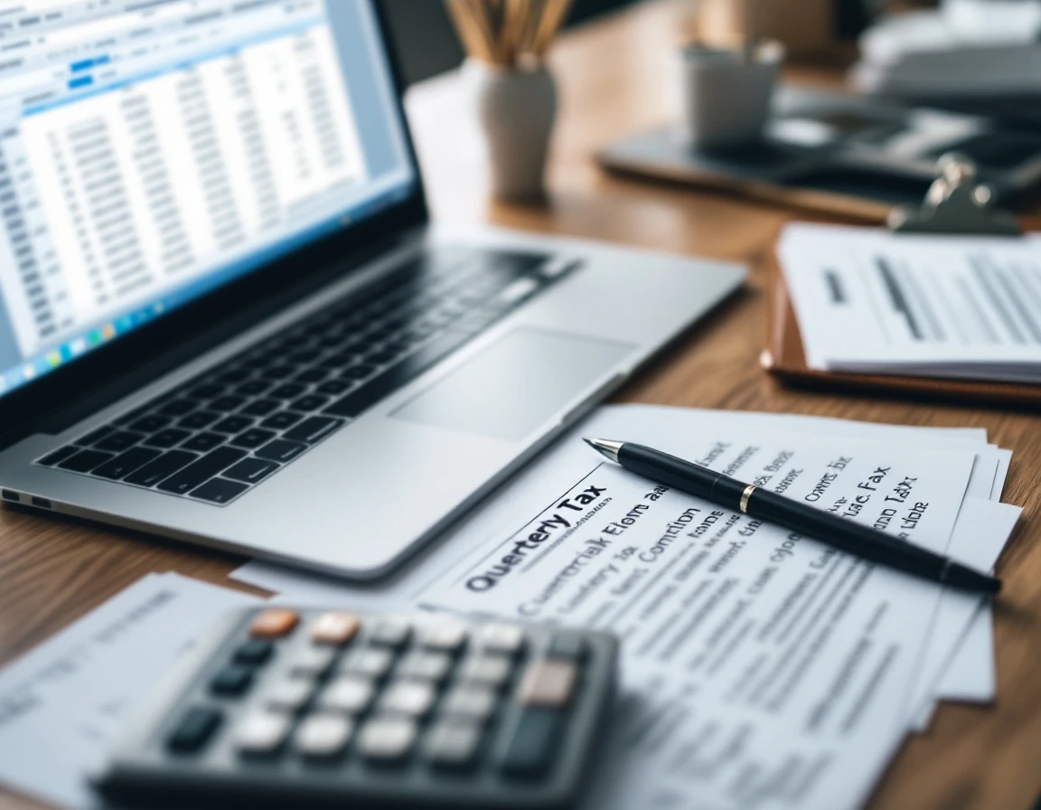 Calculator and financial documents on desk with blurred payroll spreadsheets and tax forms