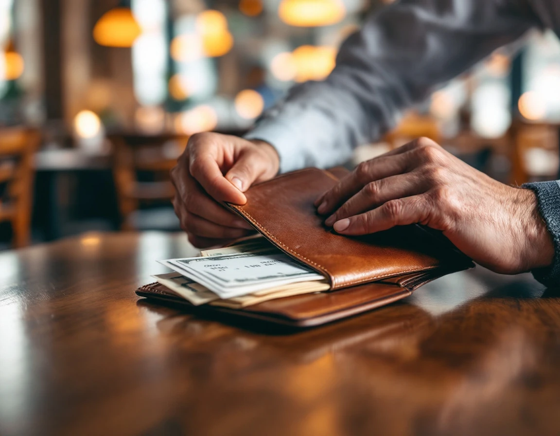 Server's hands holding billfold with cash tips and receipts on restaurant table