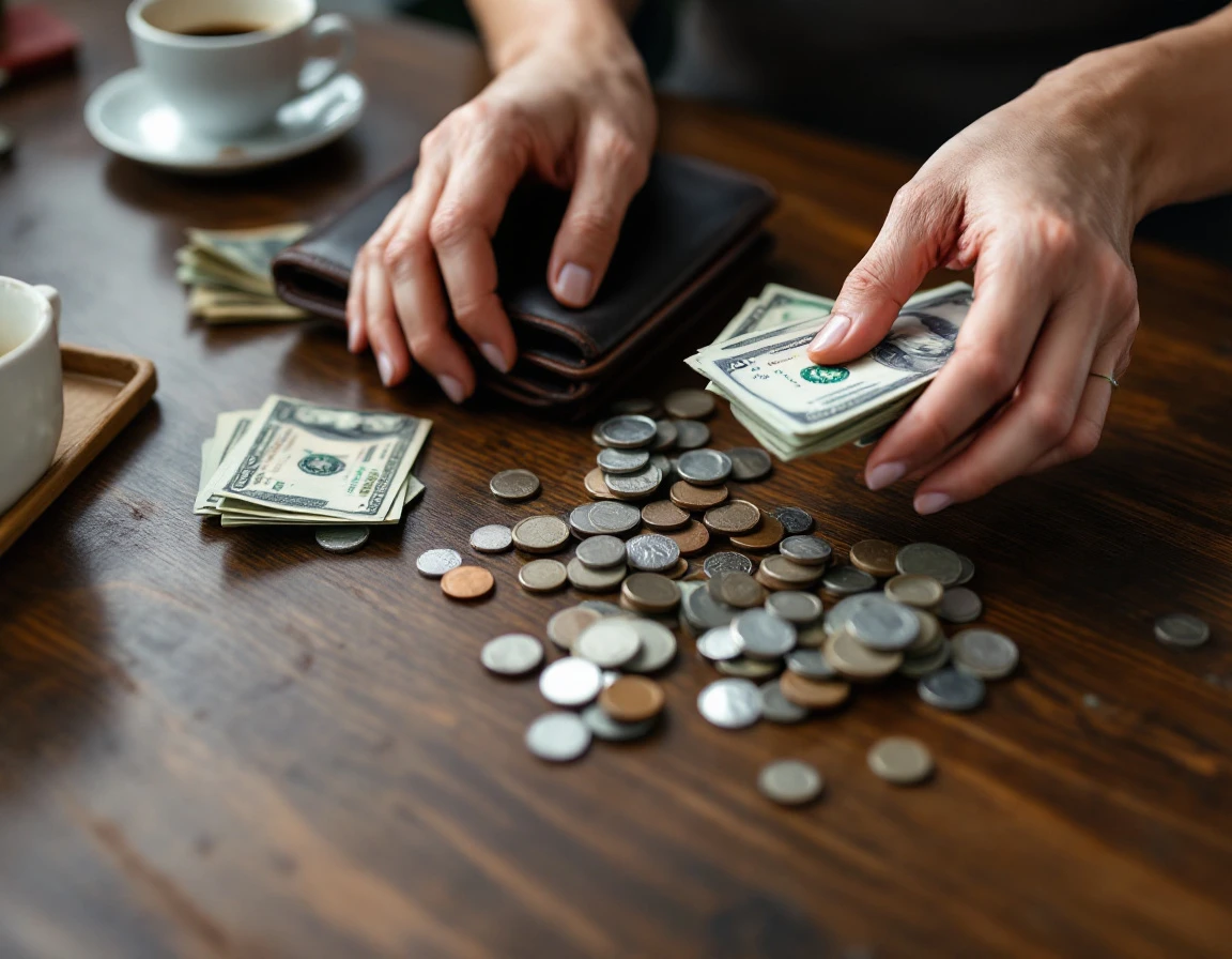 Server's hands counting cash tips and coins on restaurant table with leather tip wallet