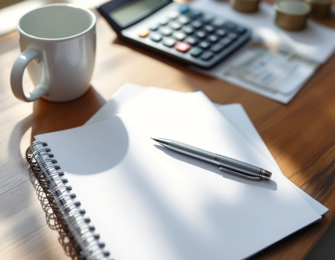 Clean desk workspace with notebook, coffee mug, and papers suggesting payroll financial work