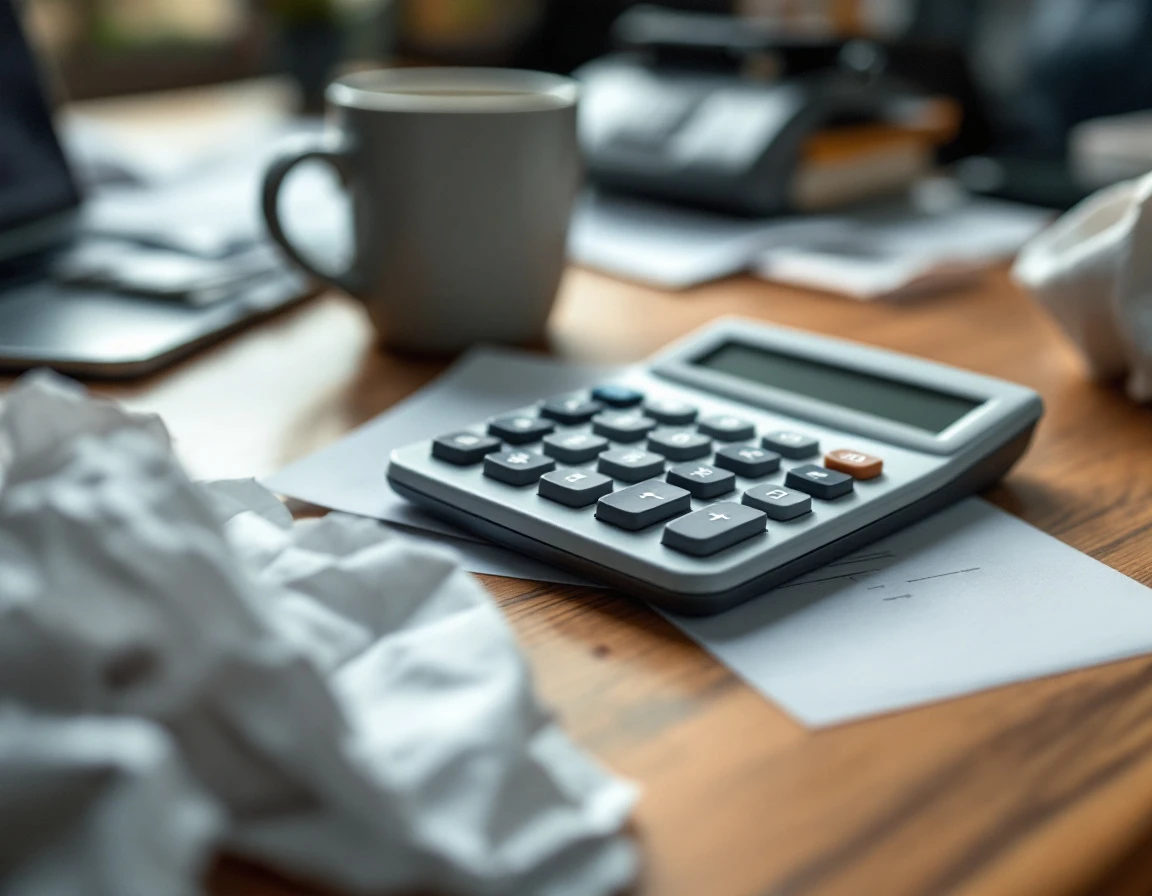 Calculator and paperwork on wooden desk with coffee mug showing payroll administration workspace