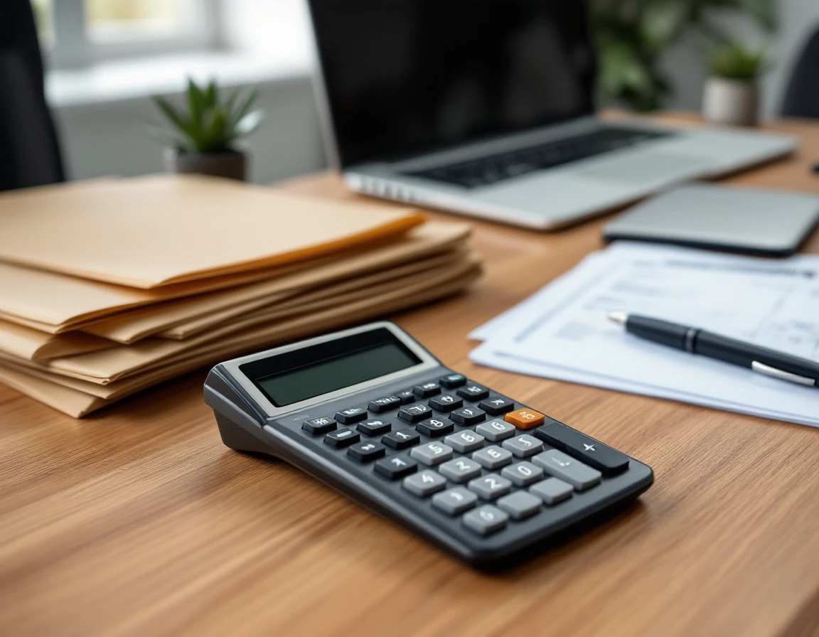 Financial calculator and closed laptop on office desk with stacked invoices and folders