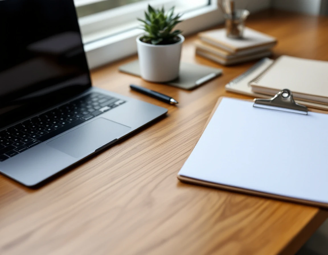 Organized desk workspace with laptop, pen, plant, and blank paperwork ready for employee onboarding