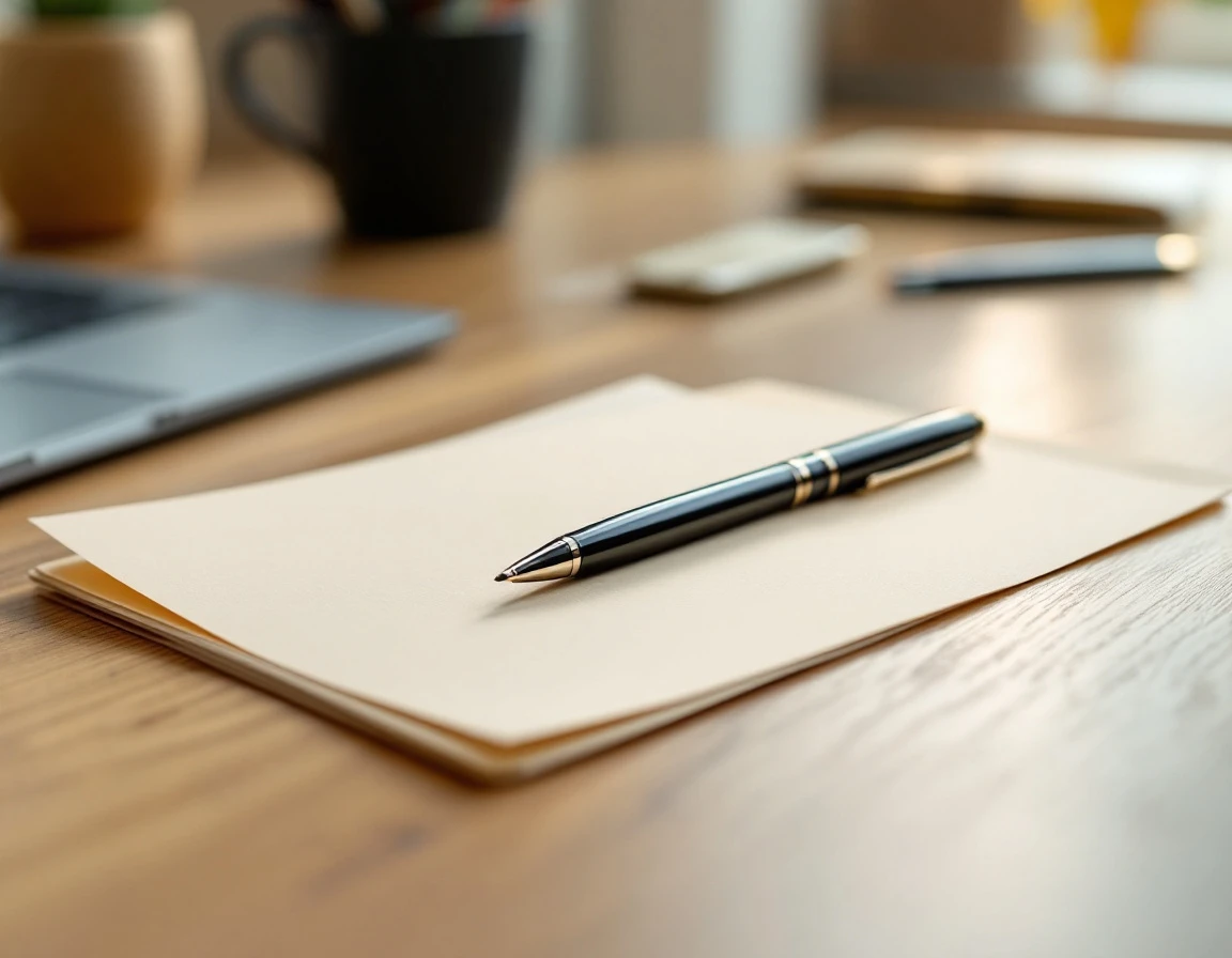 Pen and blank folder on wooden desk suggesting tax withholding paperwork preparation