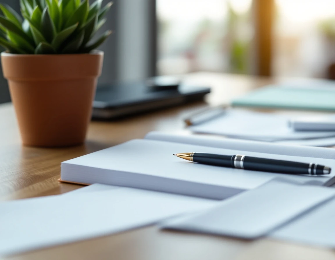 Blank notebook and pen on wooden desk with scattered papers and small plant in natural office lighting